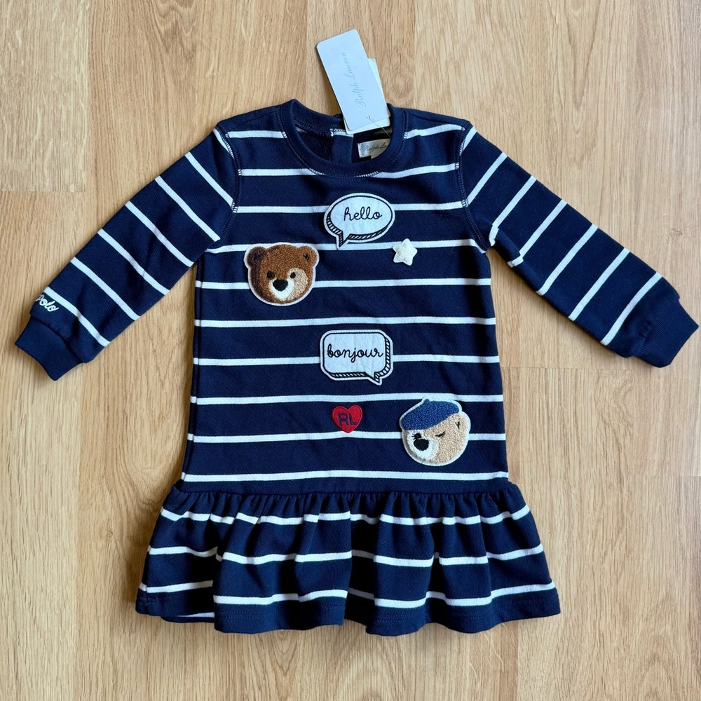 ‼️NWT Ralph Lauren Baby Girl Dress-Blue + White Striped with Embroidered Patches
